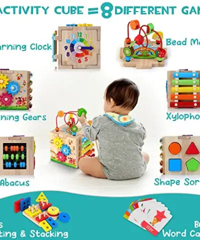 HELLOWOOD Wooden Kids Baby Activity Cube 8 in 1 Toys Gift Set for 12M Boys Girls Bonus Sorting Stacking Board Montessori Learning Toys for Toddlers Age 1 31st Birthday Gift 0 0