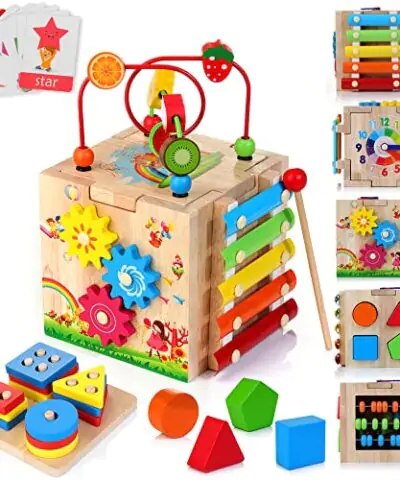 HELLOWOOD Wooden Kids Baby Activity Cube 8 in 1 Toys Gift Set for 12M Boys Girls Bonus Sorting Stacking Board Montessori Learning Toys for Toddlers Age 1 31st Birthday Gift 0