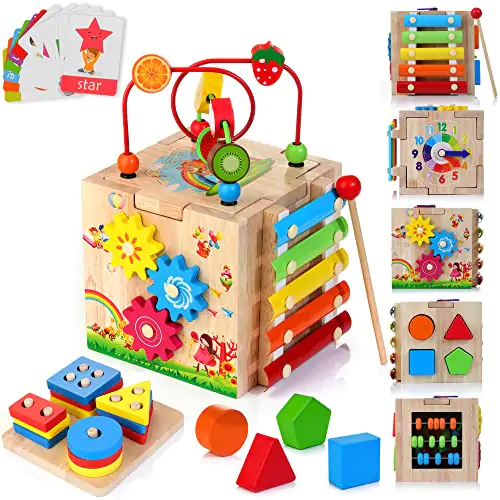 HELLOWOOD Wooden Kids Baby Activity Cube 8 in 1 Toys Gift Set for 12M Boys Girls Bonus Sorting Stacking Board Montessori Learning Toys for Toddlers Age 1 31st Birthday Gift 0