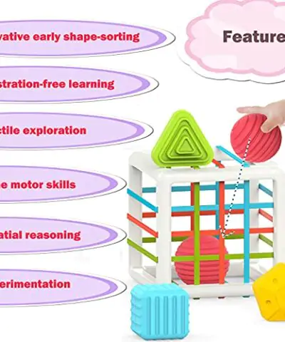 MINGKIDS Montessori Toys for 1 Year OldBaby Sorter Toy Colorful Cube and 6 Pcs Multi Sensory ShapeDevelopmental Learning Toys for Girls Boys Easter GiftsBaby Toys 6 12 18 Months 0 2