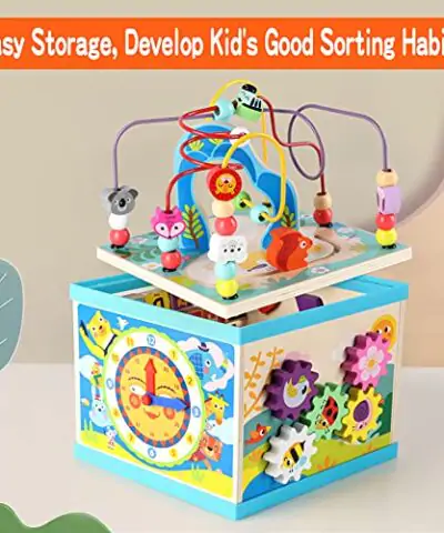 Qilay Wooden Baby Activity Cube for 1 2 3 Year Old Kids 5 in 1 Multipurpose ABC 123 Abacus Bead Maze Shape Sorter Early Educational Toy for Toddlers First Birthday Gifts for Boys Girls 0 2