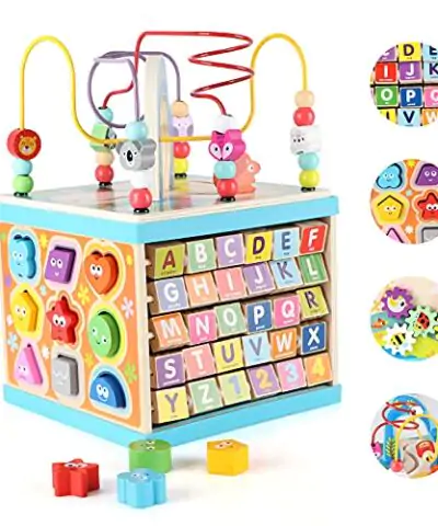 Qilay Wooden Baby Activity Cube for 1 2 3 Year Old Kids 5 in 1 Multipurpose ABC 123 Abacus Bead Maze Shape Sorter Early Educational Toy for Toddlers First Birthday Gifts for Boys Girls 0
