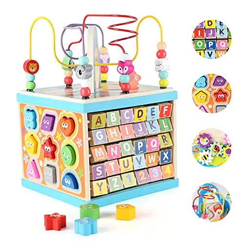Qilay Wooden Baby Activity Cube for 1 2 3 Year Old Kids 5 in 1 Multipurpose ABC 123 Abacus Bead Maze Shape Sorter Early Educational Toy for Toddlers First Birthday Gifts for Boys Girls 0