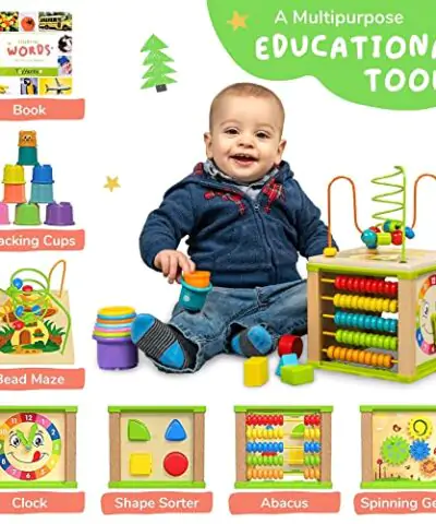TOYVENTIVE Wooden Kids Baby Activity Cube Boys Gift Set One 1 2 Year Old Boy Gifts Toys Developmental Toddler Educational Learning Boy Toys 12 18 Months Bead Maze First Birthday Gift 0 1
