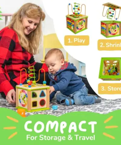 TOYVENTIVE Wooden Kids Baby Activity Cube Boys Gift Set One 1 2 Year Old Boy Gifts Toys Developmental Toddler Educational Learning Boy Toys 12 18 Months Bead Maze First Birthday Gift 0 3