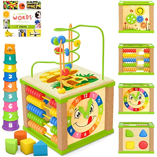 TOYVENTIVE-Wooden-Kids-Baby-Activity-Cube-Boys-Gift-Set-One-1-2-Year-Old-Boy-Gifts-Toys-Developmental-Toddler-Educational-Learning-Boy-Toys-12-18-Months-Bead-Maze-First-Birthday-Gift-0