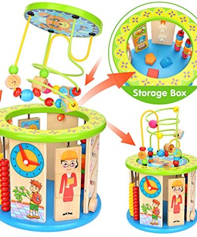 Victostar Activity Cube 10 in 1 Bead Maze Multipurpose Educational Toy Wood Shape Color Sorter for Boys Girls 0 1