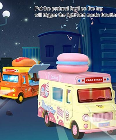 AI Fun 2 Pack Magnetic Induction Light and Music Alloy Pull Back CarDie Cast Food Truck with Sushi Banana ice Cream Macarons Pretend Food Toys Friction Alloy Car Toy 0 2