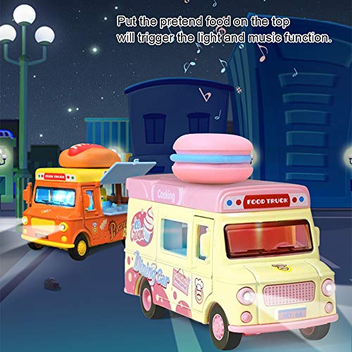 AI Fun 2 Pack Magnetic Induction Light and Music Alloy Pull Back CarDie Cast Food Truck with Sushi Banana ice Cream Macarons Pretend Food Toys Friction Alloy Car Toy 0 2
