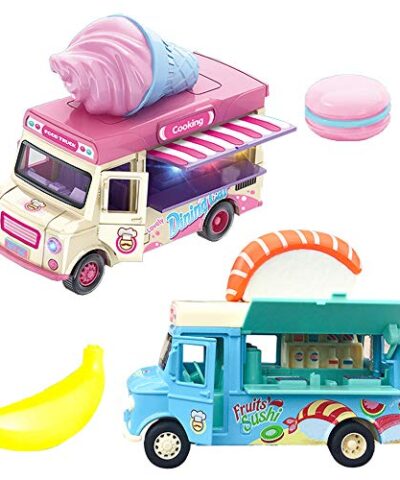 AI Fun 2 Pack Magnetic Induction Light and Music Alloy Pull Back CarDie Cast Food Truck with Sushi Banana ice Cream Macarons Pretend Food Toys Friction Alloy Car Toy 0