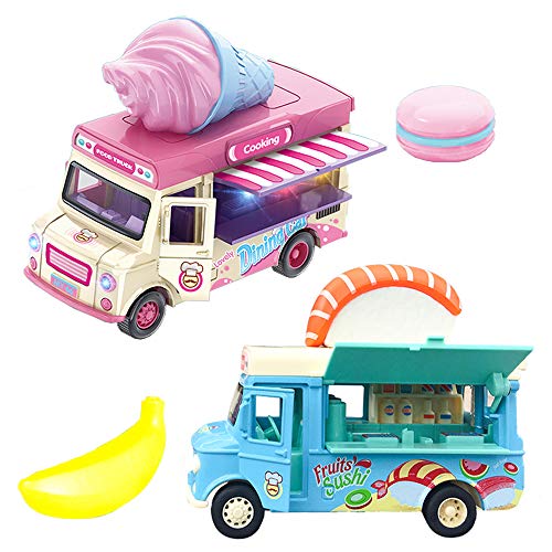 AI Fun 2 Pack Magnetic Induction Light and Music Alloy Pull Back CarDie Cast Food Truck with Sushi Banana ice Cream Macarons Pretend Food Toys Friction Alloy Car Toy 0
