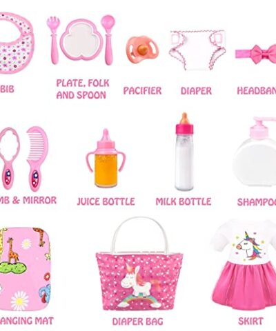 BNUZEIYI Baby Doll Accessories Baby Doll Feeding and Caring Set with Diaper Bag Doll Diaper and Bottles for Girls Toys Gift Baby Doll Stuff Doll Clothes fit 14 16 Inch Doll and 18 Inch Doll 0 3