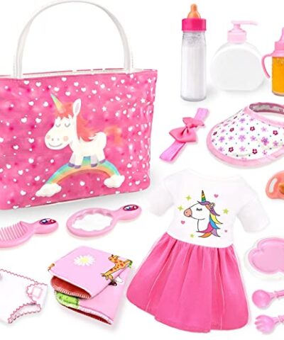 BNUZEIYI Baby Doll Accessories Baby Doll Feeding and Caring Set with Diaper Bag Doll Diaper and Bottles for Girls Toys Gift Baby Doll Stuff Doll Clothes fit 14 16 Inch Doll and 18 Inch Doll 0