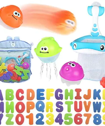 Bath Toy Sets 36 Foam Bath Letters and Numbers Floating Squirts Animal Toys Set with Fishing Net and Organizer Bag Fish Catching Game for Babies Infants Toddlers Bathtub Time 0