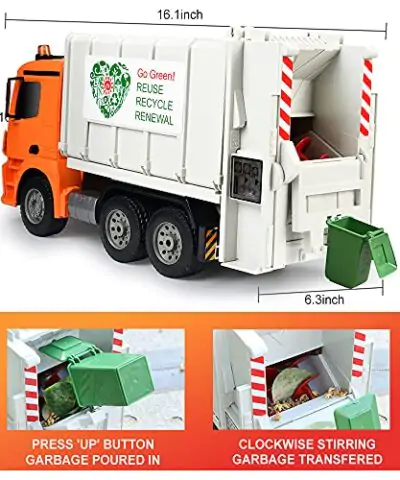 DOUBLE E Benz Licensed Remote Control Garbage Truck Electric Recycling Toy Set with Trash Bin Real Lights Rechargeable Waste Management Trash Truck Toys Gift for Kids 0 1