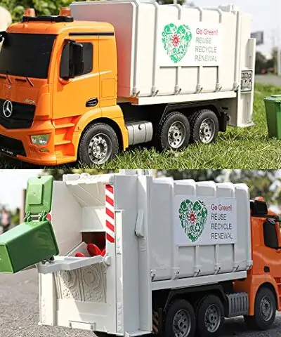 DOUBLE E Benz Licensed Remote Control Garbage Truck Electric Recycling Toy Set with Trash Bin Real Lights Rechargeable Waste Management Trash Truck Toys Gift for Kids 0 3