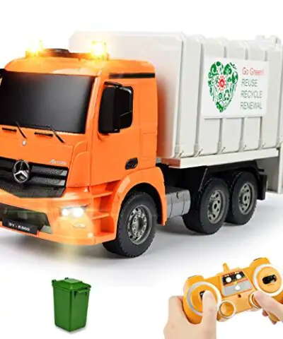 DOUBLE E Benz Licensed Remote Control Garbage Truck Electric Recycling Toy Set with Trash Bin Real Lights Rechargeable Waste Management Trash Truck Toys Gift for Kids 0