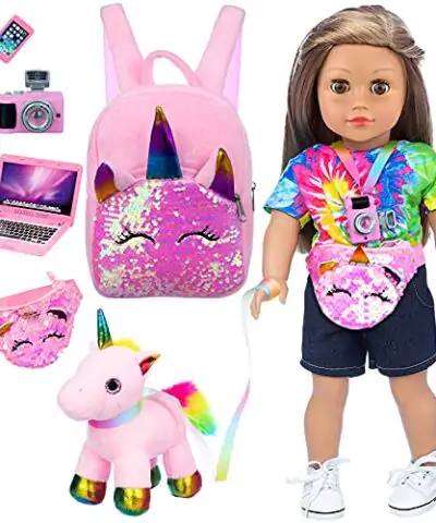 Ecore Fun 6 Piece 18 Inch Girl Doll Accessories Included Doll Pet Toy Phone Laptop Camera Fit for 18 Inch Girl Doll and Unicorn Backpack for Kids Best Gift for Your Child 0