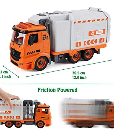 Garbage Truck Toys for 3 4 5 6 7 8 Year Old Boys Flanney DIY Friction Powered Waste Management Recycling Truck Toy Set with 4 Trash Cans Toy Vehicle with Light and Sound Gifts for Boys Girls Toddlers 0 1