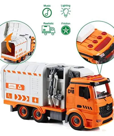 Garbage Truck Toys for 3 4 5 6 7 8 Year Old Boys Flanney DIY Friction Powered Waste Management Recycling Truck Toy Set with 4 Trash Cans Toy Vehicle with Light and Sound Gifts for Boys Girls Toddlers 0 2