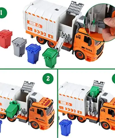 Garbage Truck Toys for 3 4 5 6 7 8 Year Old Boys Flanney DIY Friction Powered Waste Management Recycling Truck Toy Set with 4 Trash Cans Toy Vehicle with Light and Sound Gifts for Boys Girls Toddlers 0 3