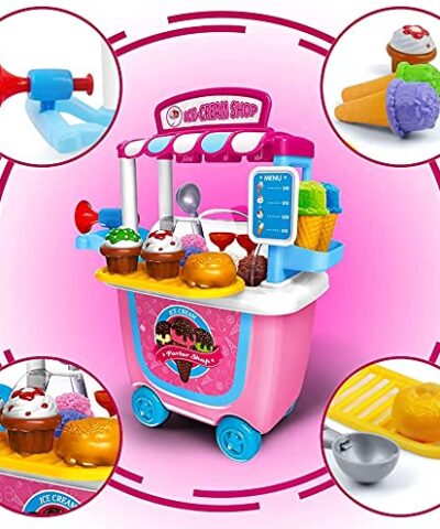 Gizmovine Scoop and Learn Ice Cream Cart Toys 31pcs Ice Cream Trolley Truck Toys Educational Pretend Play Food Set for Toddlers Kids Age 3 4 5 6 7 0 2