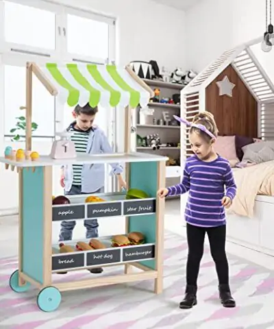 INFANS Wooden Grocery Store Marketplace Toy Colorful Supermarket Pretend Play Extra Storage 6 Ice Creams Scales Bells Chalkboards Fun Indoor Farmers Market Stand Set Gift for Ages 3 0 0