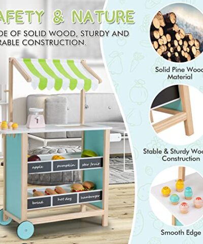 INFANS Wooden Grocery Store Marketplace Toy Colorful Supermarket Pretend Play Extra Storage 6 Ice Creams Scales Bells Chalkboards Fun Indoor Farmers Market Stand Set Gift for Ages 3 0 3