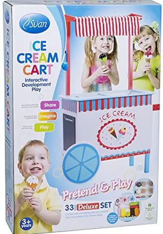 Ice Cream Cart Kids Playstand Premium Wood 33 Piece Realistic Wooden Play Set w Money Box Chalkboard and 30 Icecream Accessories 0 1