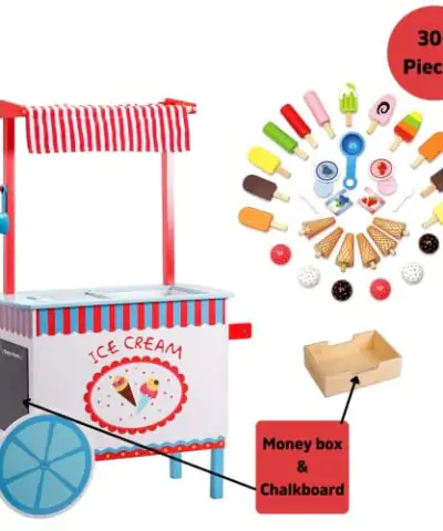 Ice Cream Cart Kids Playstand Premium Wood 33 Piece Realistic Wooden Play Set w Money Box Chalkboard and 30 Icecream Accessories 0 2