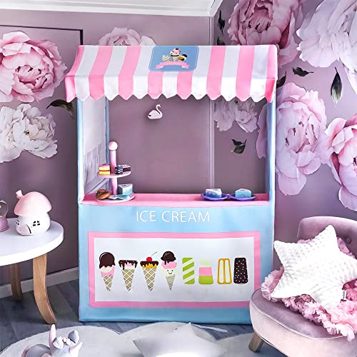 Ice Cream Cart Portable Play Store and 3 Pretend Food 49 Inches Tall Colorful Kids Business Cart for Child Development and Learning Children Playhouse Indoor Outdoor 0 1