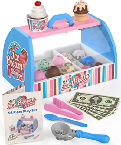 Ice Cream Counter Playset for Kids Pretend Play 28 pcs Best Gift for 3 4 5 6 Year Old Girl or Boy Play Food Scoop and Serve Toddler Toy 0