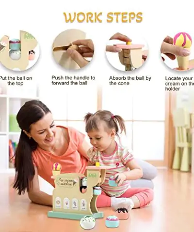 Ice Cream Maker Toys for Kids Pretending Play Functional Machine Set to Train Childrens Hand Motion and Incorporation Capabilities Wooden Cart Toddler Toy Gift for 3 6 Year Old Boys Girls 0 1
