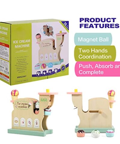 Ice Cream Maker Toys for Kids Pretending Play Functional Machine Set to Train Childrens Hand Motion and Incorporation Capabilities Wooden Cart Toddler Toy Gift for 3 6 Year Old Boys Girls 0 3