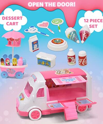 Ice Cream Truck Play Cart Set Toy for Kids Pretend Play 12 Piece Ice Cream Truck Playset with Truck Dessert Cart and Food Accessories for Girls Boys Toddler 0 0