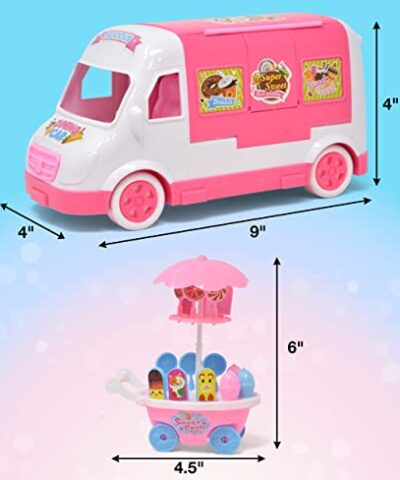 Ice Cream Truck Play Cart Set Toy for Kids Pretend Play 12 Piece Ice Cream Truck Playset with Truck Dessert Cart and Food Accessories for Girls Boys Toddler 0 2