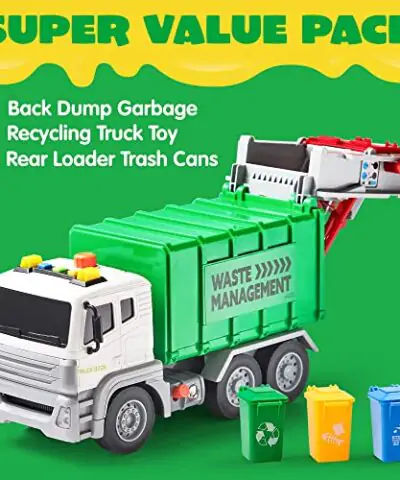 JOYIN 125 Garbage Truck Toy Friction Powered Trash Truck with Lights Sounds Back Dump Garbage Recycling Truck Toy Set with 3 Rear Loader Trash Cans Boys Girls Toy Cars Kids Birthday Gifts 0 0