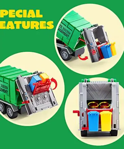 JOYIN 125 Garbage Truck Toy Friction Powered Trash Truck with Lights Sounds Back Dump Garbage Recycling Truck Toy Set with 3 Rear Loader Trash Cans Boys Girls Toy Cars Kids Birthday Gifts 0 2