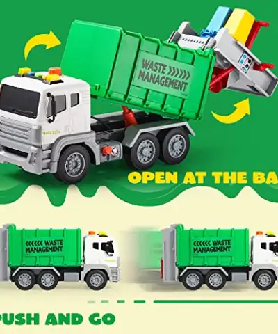JOYIN 125 Garbage Truck Toy Friction Powered Trash Truck with Lights Sounds Back Dump Garbage Recycling Truck Toy Set with 3 Rear Loader Trash Cans Boys Girls Toy Cars Kids Birthday Gifts 0 3