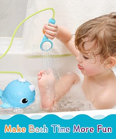 KINDIARY Bath Toy Narwhal Baby Bath Shower Head Battery Operated Bathtub Water Pump with Trunk Spout Rinser for Infants Toddlers Kids Super Fun in Tub or Sink for Boys Girls 0 1