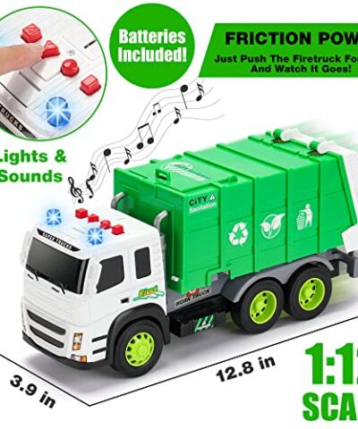 MOBIUS Toys Garbage Truck Friction Powered 112 Scale Large Size Truck w Sounds Lights Loader 4 Trash Cans for Learning Waste Management Recycling Toy for Toddlers Boys Girls 3 4 5 Years Old 0 3