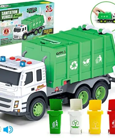 MOBIUS Toys Garbage Truck Friction Powered 112 Scale Large Size Truck w Sounds Lights Loader 4 Trash Cans for Learning Waste Management Recycling Toy for Toddlers Boys Girls 3 4 5 Years Old 0