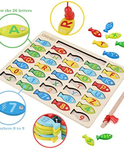 Magnetic Wooden Fishing Game Toy for Toddlers Alphabet Fish Catching Counting Games Puzzle with Numbers and Letters Preschool Learning ABC and Math Educational Toys for 3 4 5 Years Old Girl Boy Kids 0 0