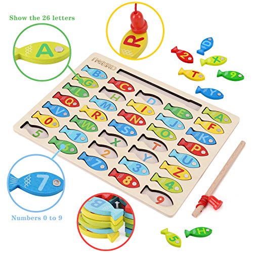 Magnetic Wooden Fishing Game Toy for Toddlers Alphabet Fish Catching Counting Games Puzzle with Numbers and Letters Preschool Learning ABC and Math Educational Toys for 3 4 5 Years Old Girl Boy Kids 0 0