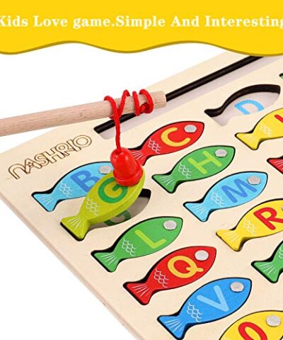 Magnetic Wooden Fishing Game Toy for Toddlers Alphabet Fish Catching Counting Games Puzzle with Numbers and Letters Preschool Learning ABC and Math Educational Toys for 3 4 5 Years Old Girl Boy Kids 0 1