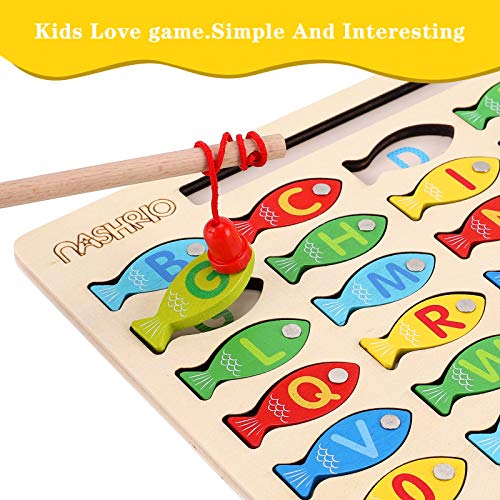Magnetic Wooden Fishing Game Toy for Toddlers Alphabet Fish Catching Counting Games Puzzle with Numbers and Letters Preschool Learning ABC and Math Educational Toys for 3 4 5 Years Old Girl Boy Kids 0 1
