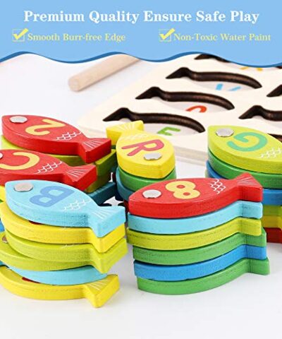 Magnetic Wooden Fishing Game Toy for Toddlers Alphabet Fish Catching Counting Games Puzzle with Numbers and Letters Preschool Learning ABC and Math Educational Toys for 3 4 5 Years Old Girl Boy Kids 0 3