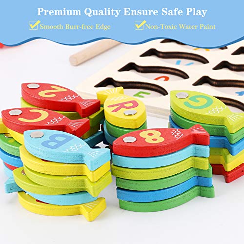 Magnetic Wooden Fishing Game Toy for Toddlers Alphabet Fish Catching Counting Games Puzzle with Numbers and Letters Preschool Learning ABC and Math Educational Toys for 3 4 5 Years Old Girl Boy Kids 0 3