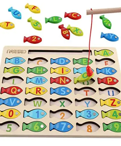 Magnetic Wooden Fishing Game Toy for Toddlers Alphabet Fish Catching Counting Games Puzzle with Numbers and Letters Preschool Learning ABC and Math Educational Toys for 3 4 5 Years Old Girl Boy Kids 0