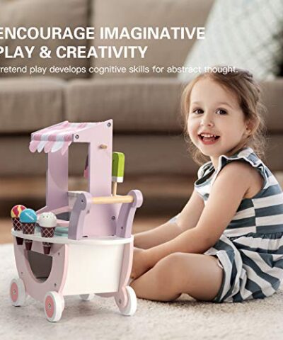 ROBUD Wooden Ice Cream Cart Toys for Kids Toddlers Pretend Play Food Truck Gift for Girls and Boys 3 Years Up 0 1